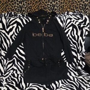 Bebe Black Hooded Dress with Gold Accents